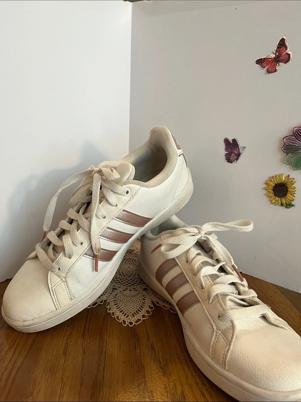 Adidas Cream Sneakers with Pink Stripes